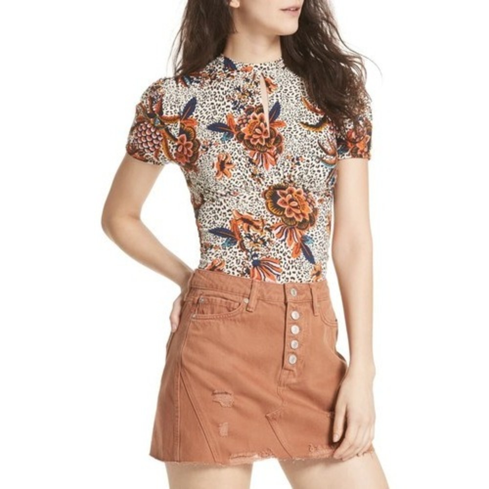 Free People Blouse Womens Small Multicolor Leopard Tropical‎ Floral Keyhole Top